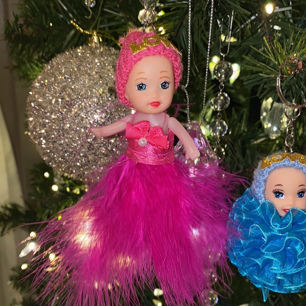 2 baby doll Christmas tree ornaments or keychains pink feather blue ribbon ball‌ - Picture 6 of 16